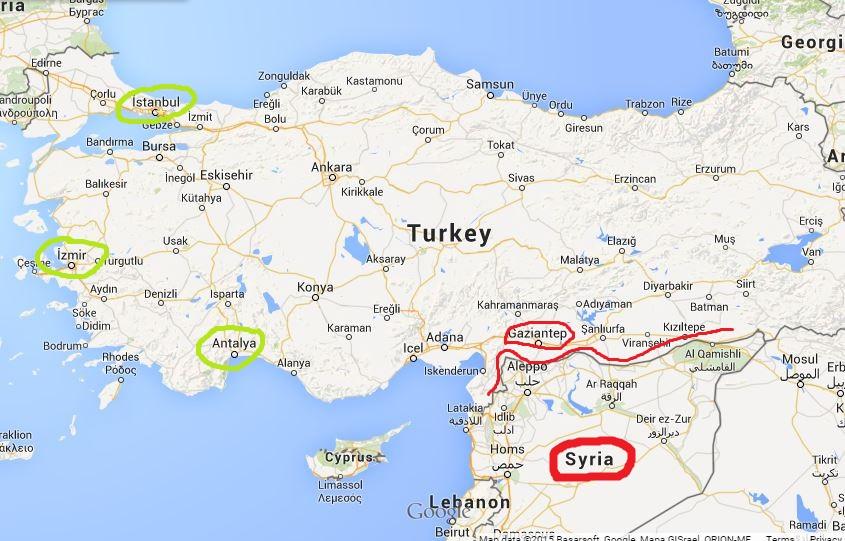 附上土耳其地图.划红线的地方是靠近叙利亚的地方,不建议去旅游.