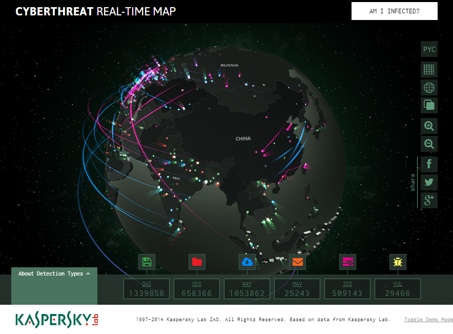 卡巴斯基制作的这个实时网络威胁地图,支持的展示有定向攻击路径,地点