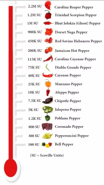史高威尔辣度指数表:目前世界排名前三辣的辣椒为卡罗莱纳死神辣椒