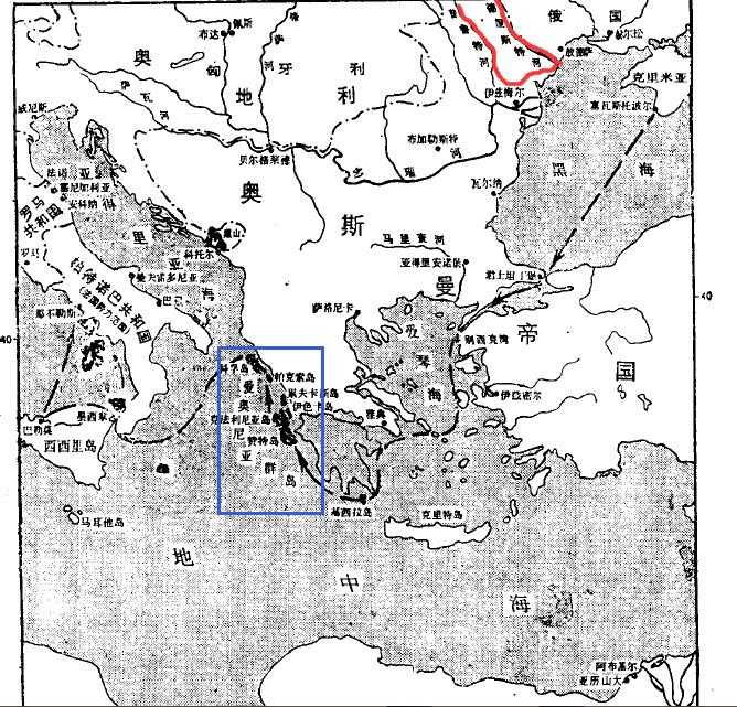 红线是土耳其在1812年割让的比萨拉比亚,蓝框是俄国舰队一度占领的法