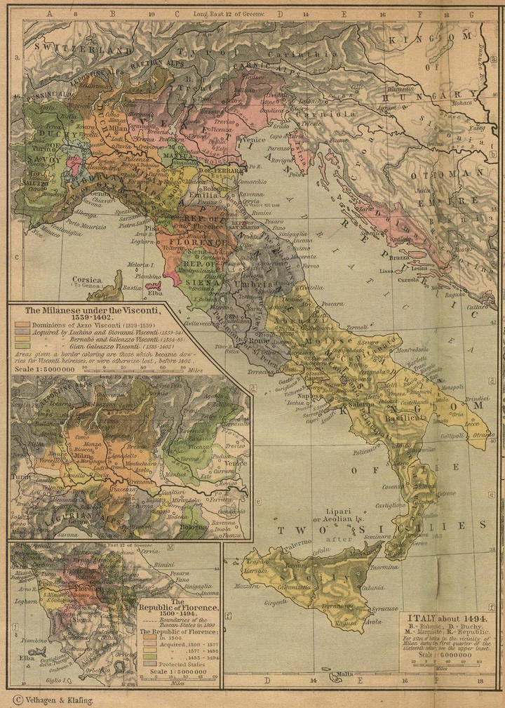 这是1339-1402年的意大利,图中国家有西西里王国,教皇国,威尼斯
