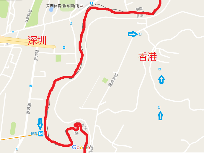 以下是谷歌地图,红线是深圳与香港的分界线.