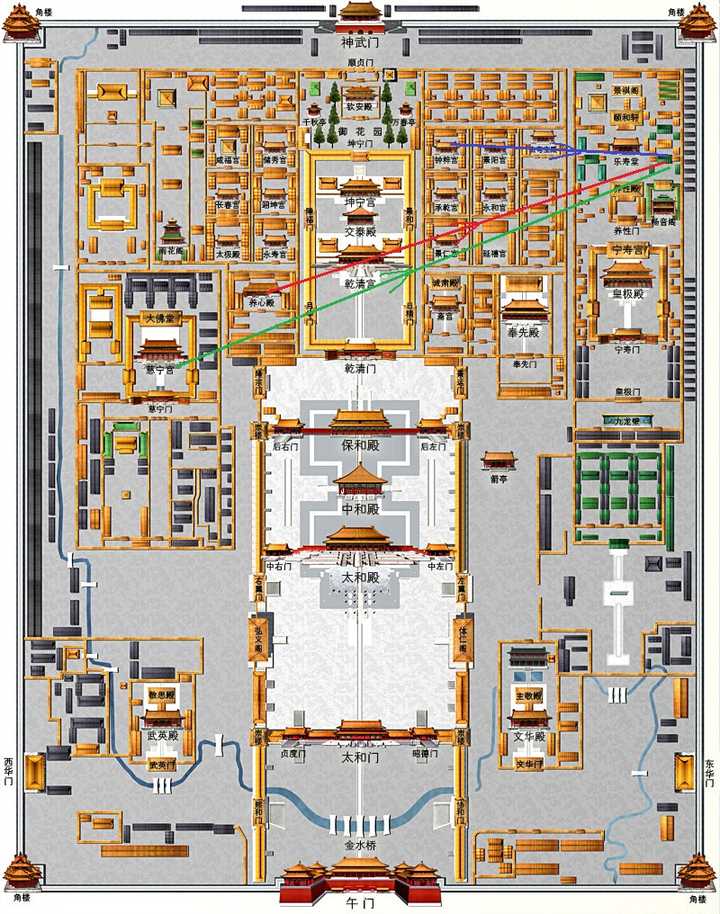 底图来自故宫博物院官网 红色为光绪路线,黄色为慈禧路线,蓝色为皇后