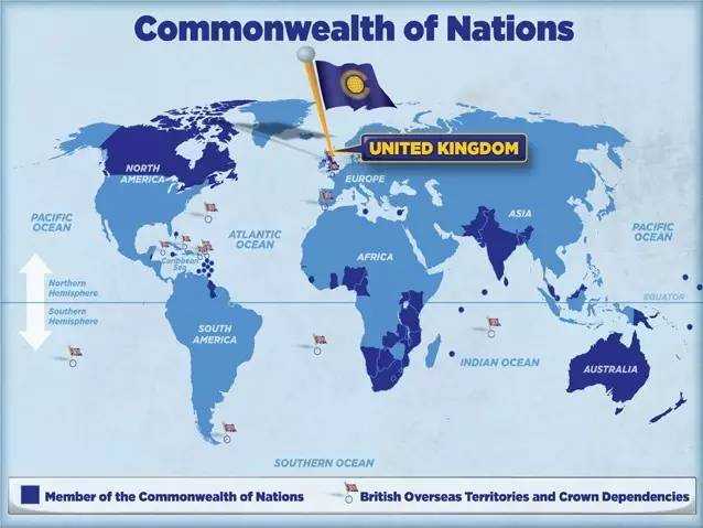 英联邦成员国分布,深蓝色为成员国