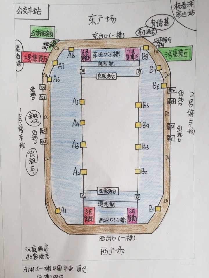 这是我自己手绘的武汉站布局图: 咖啡色代表出站口1楼,蓝色代表进站