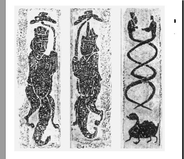 蛇在图腾中有雌雄同体的意味,画在女娲身上,就是多子,画在伏羲身上,就