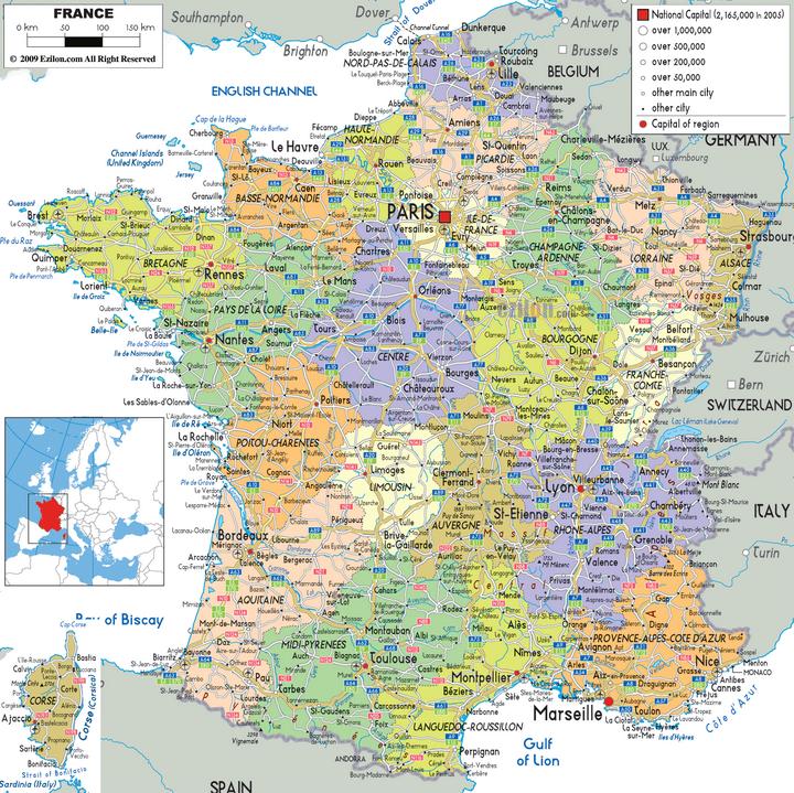 法国地图:卢森堡,摩纳哥和安道尔.