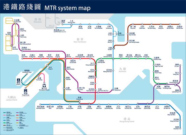 10条地铁线路以及在新界西北的屯门区及元朗区之间运营的12条轻铁线路