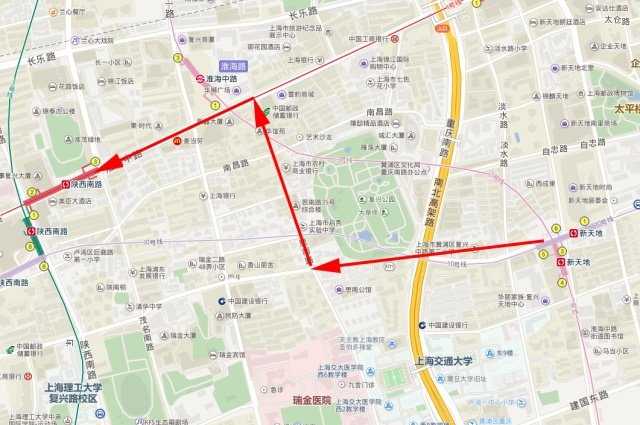 夜跑路线:新天地地铁站—复兴中路—复兴公园—思南路—淮海中路