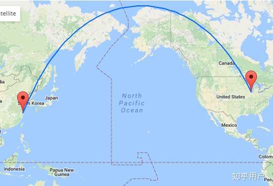 为了让大家明白,看一下中美之间飞机航线的地图