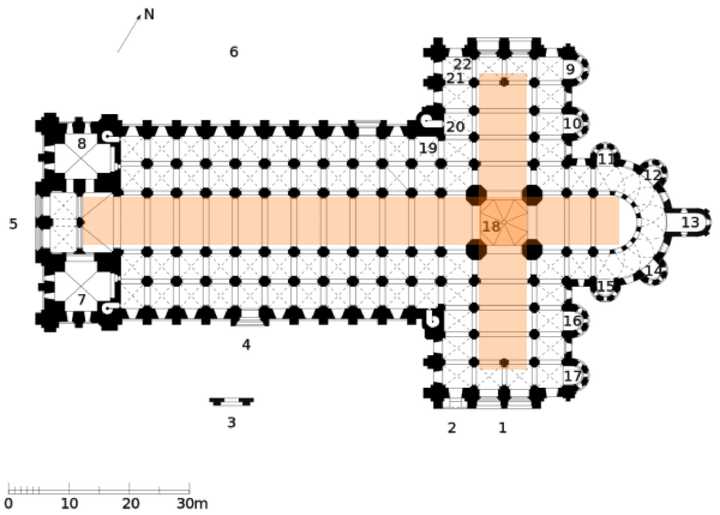 圣塞南主教堂,典型拉丁十字式平面:图中橙色部分(主厅),呈现出拉丁