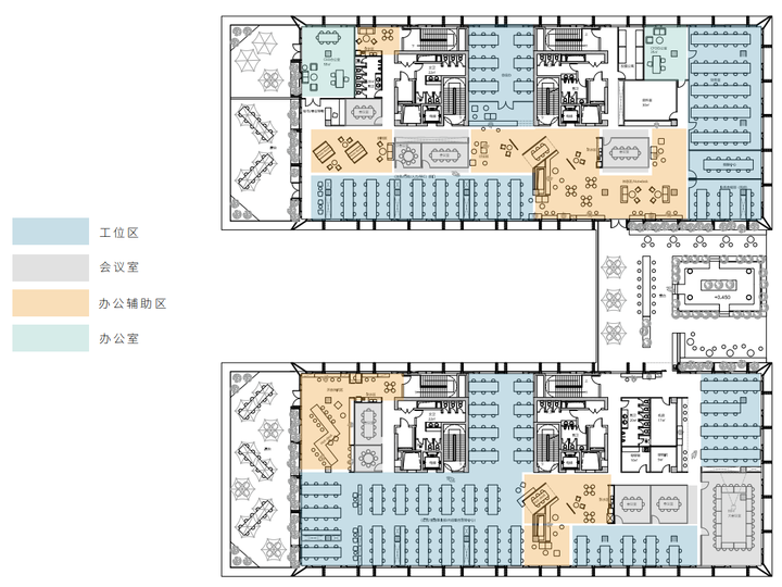 大楼的2-4层为公司内员工的办公区域,根据功能共分为4个基础区域 最