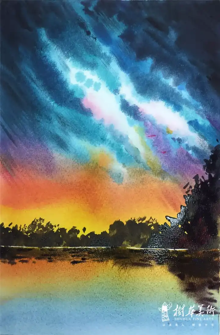 04,画出水面颜色,注意渐变的运用,再趁湿画出树木的倒影.