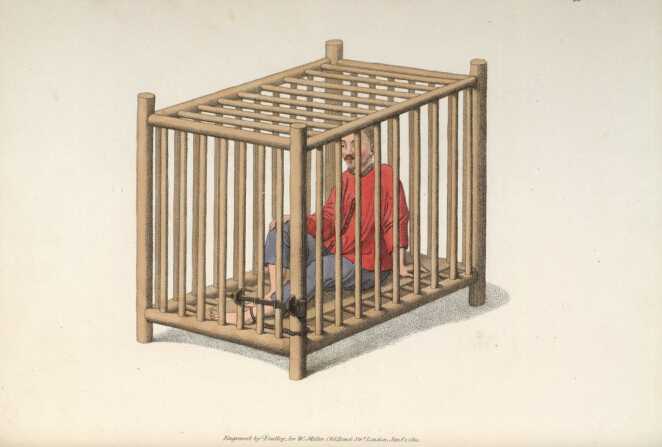 《囚笼押送 a malefactor in   cage》:被关在笼中的犯人,脚被镣铐