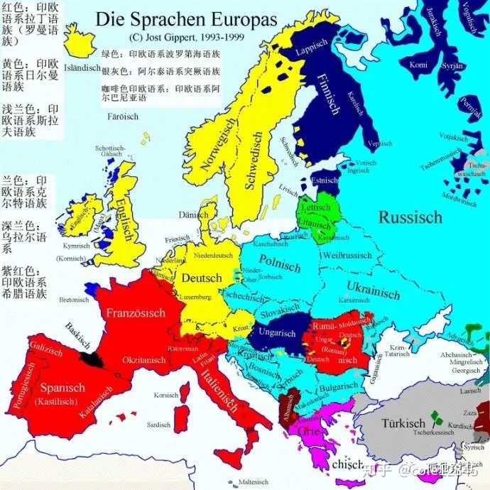 蓝色地区主体为拉丁人,绿色地区主体为日耳曼人,红色地区主体为斯拉夫