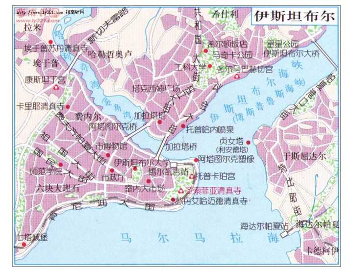 14年12月 网上找了一张地图,整个伊斯坦布尔被博斯普鲁斯海峡,金角湾