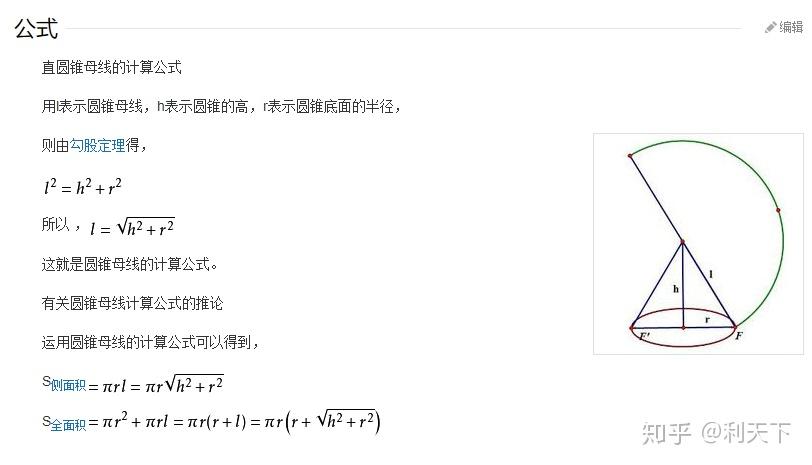 公式描述:公式中r为底面半径,l为圆锥母线.