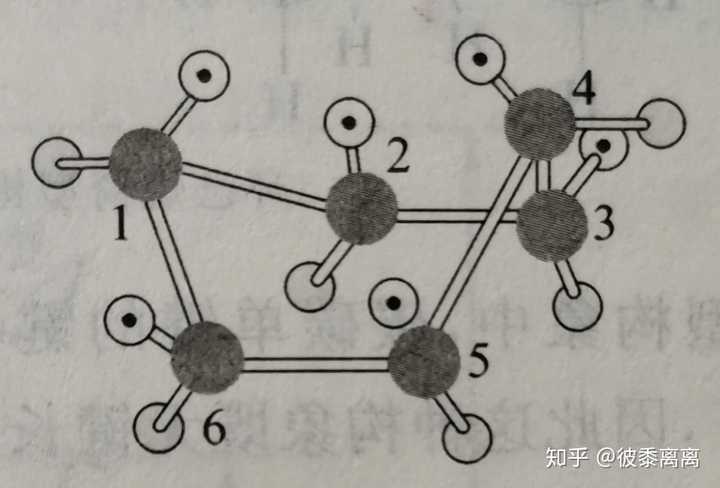 环己烷的船型构象如上图所示(深色球为碳原子),作为"船底"的2,3,5,6