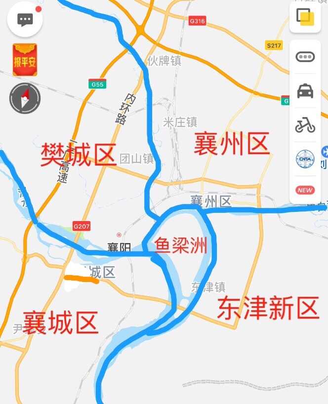 西南为"襄城区",西北为"樊城区",东北为"襄州区",东南为"东津区",中心