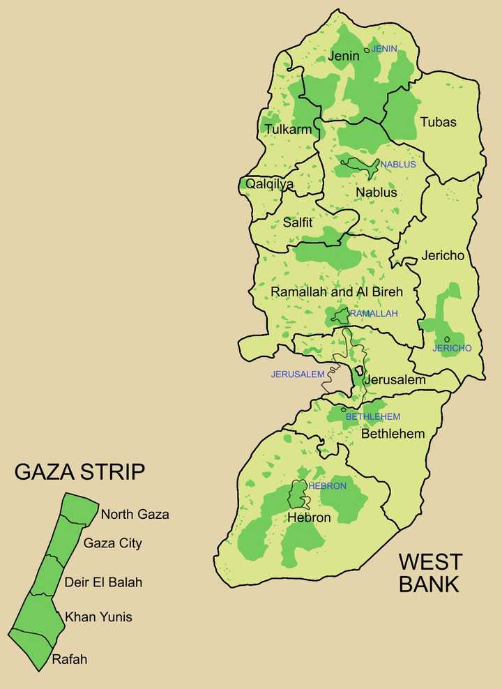 巴勒斯坦现行的行政区划分为两部分: 即约旦河西岸的11个省