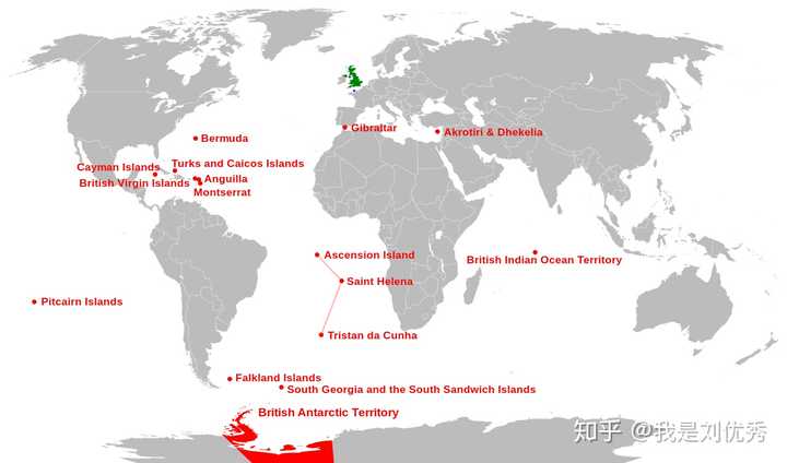 不包括不受国际承认的南极洲属地),然而许多英国海外领土被英国及盟友