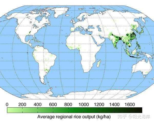 世界水稻种植分布图 图中单位(千克/公顷)