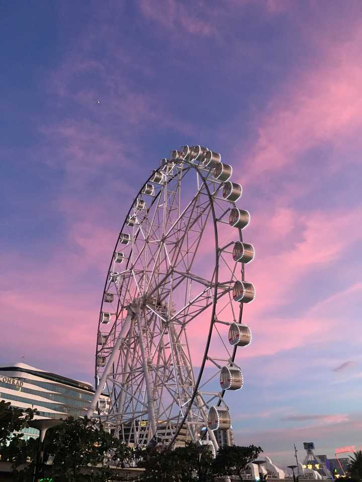 最后整个天空变成了粉红色,粉色天空下的摩天轮,浪漫的,有种恋爱中