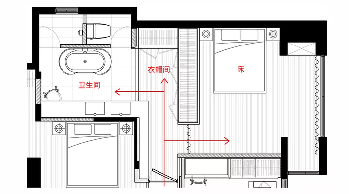 l型衣柜能完全遮挡视线 也能顺势分出通往卫生间与床铺的动线 布局更