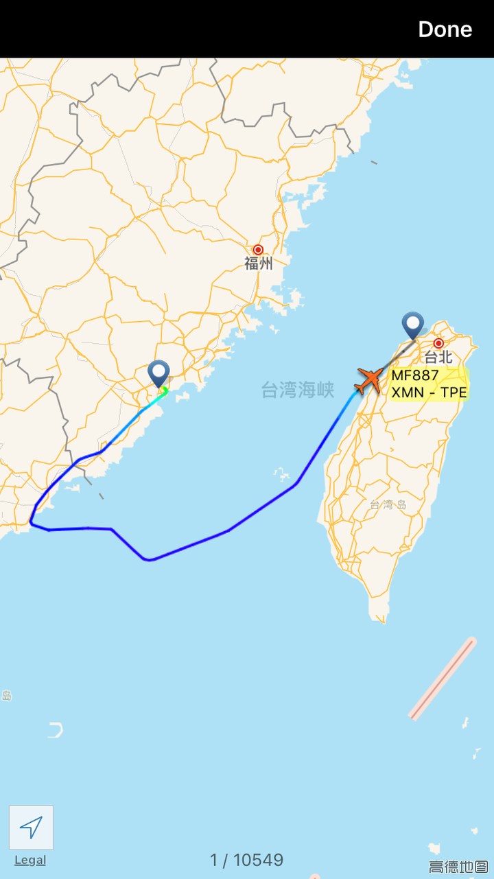 厦门航空mf887航班,厦门高崎-台北桃园 因为台湾当局在海峡中线设置了