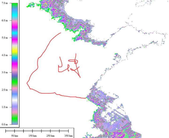 7米的话,主要淹没黄河三角洲周围和莱州湾地区沿海地区,以及胶州湾