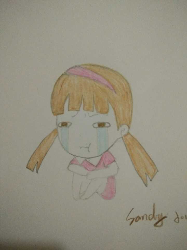 用简单的线条画出小女孩抱着腿难过,风格q萌一些?
