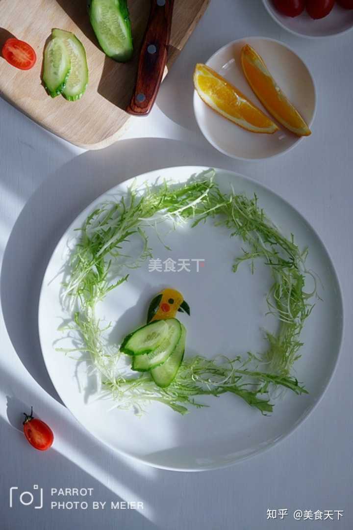 鹦鹉,这个有菜谱,可以搜一下菜谱查看详情.主要食材:橙子,黄瓜,苦菊.