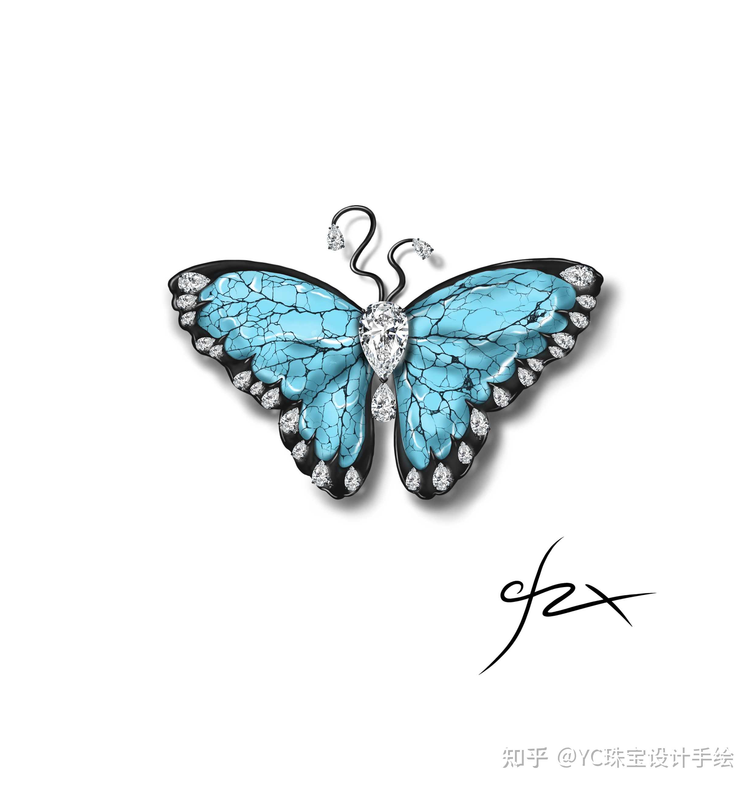 yc珠宝设计手绘 的想法: 曾宪沨 蝴蝶胸针设计 绿松石 #珠宝手绘