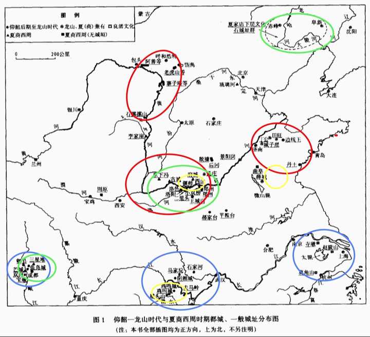 第一阶段(黄色圈):初始期(前4000-前2600),这一时期主要为大溪-屈家岭