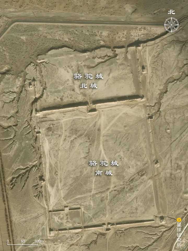 甘肃张掖高台县骆驼城遗址卫星图,推测为汉代乐涫县城及唐代建康军城