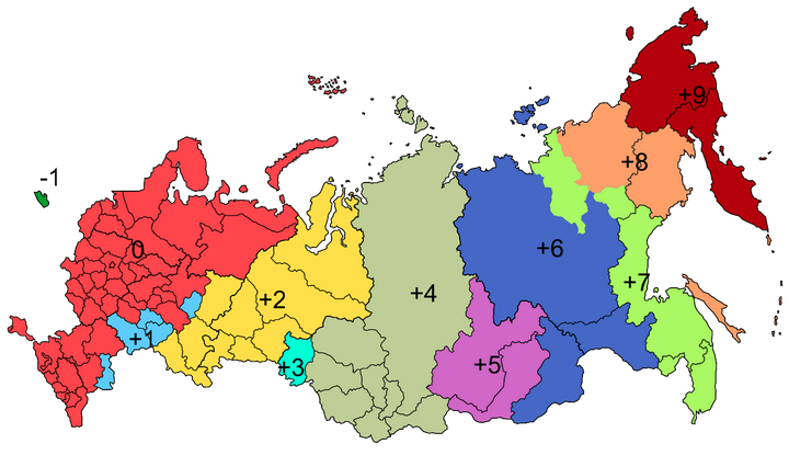 俄罗斯时区划分(在维基百科底图上标注数字,上传过程中清晰度貌似有
