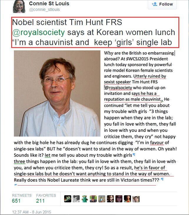 如何看待诺贝尔奖获得者 tim hunt 迫于被批评存在可