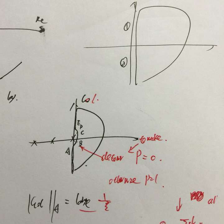 这里难点是有零极点,所以画nyquist图时要绕过原点
