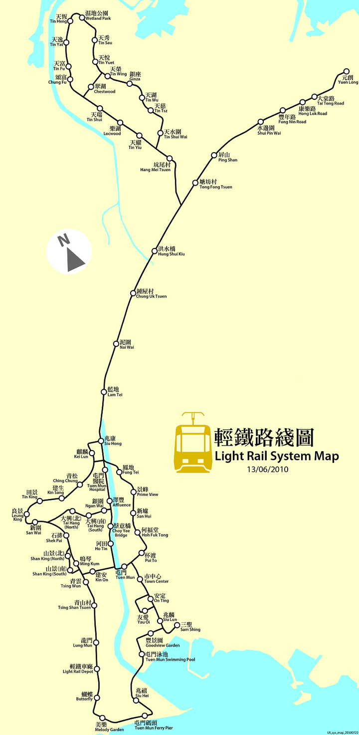 轻型铁路(屯门元朗轻铁):轨距为1,435毫米,以电压为750v直流电作牵引