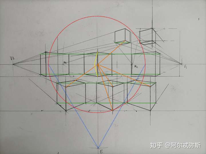 另外,你所画的正方体都是45°成角透视,不是平行透视,这里有个特殊