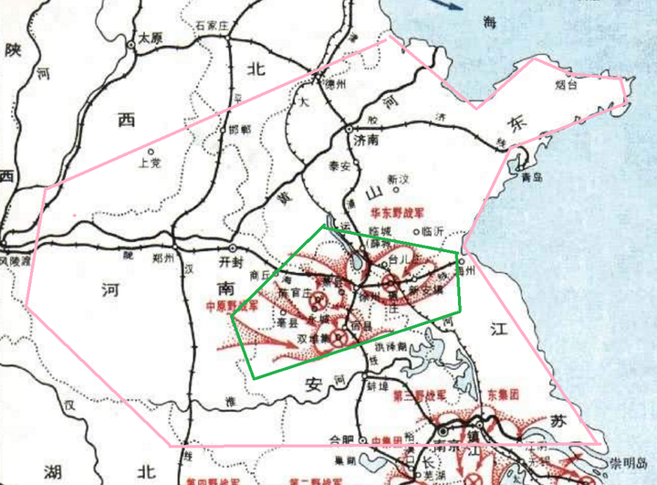 淮海战役直接动员区域(红圈) 支前干部的回忆录地图 而且几百万民工也