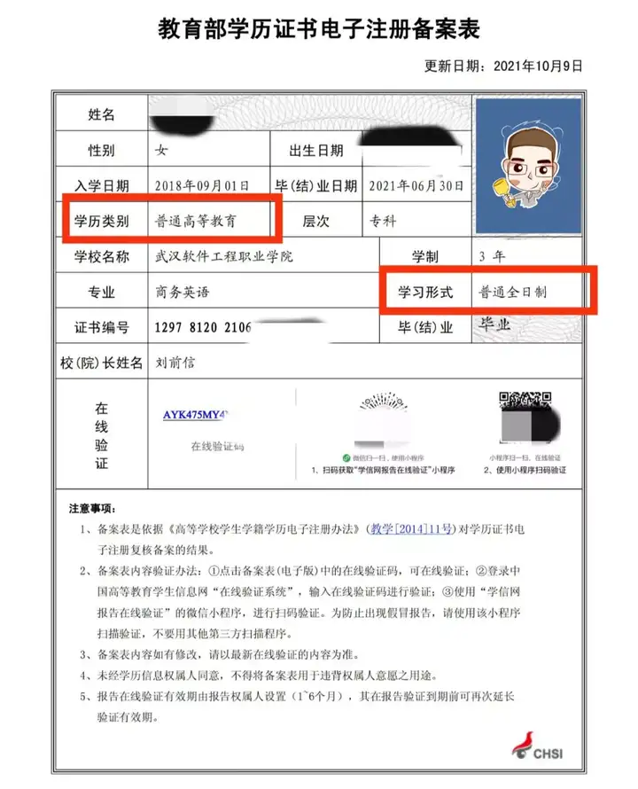 学信网下载的全日制大专学历