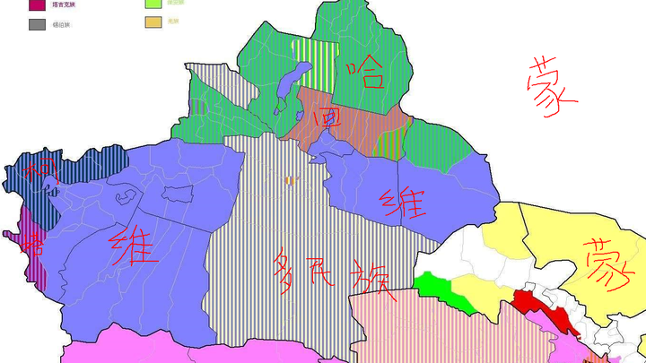 我们可以看出,把汉族和回族忽略不计的话,新疆的民族分布基本是北