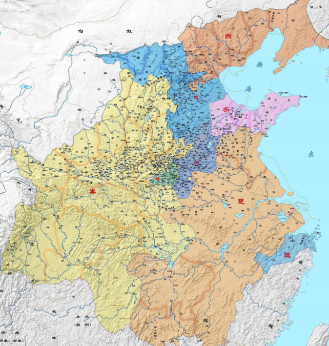 战国时代的七雄格局:蓝色为赵国疆域,正对鄂尔多斯草原