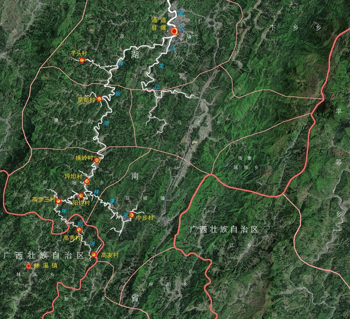 坪坦河流域典型侗族村落分布,来源:作者自绘,底图取自google earth