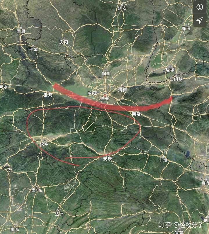 粗红线是秦岭,细红线圈是汉中地带