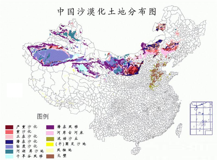 上图是1996年中国沙漠化土地分布图,可以看到,整个河北都面临沙漠化