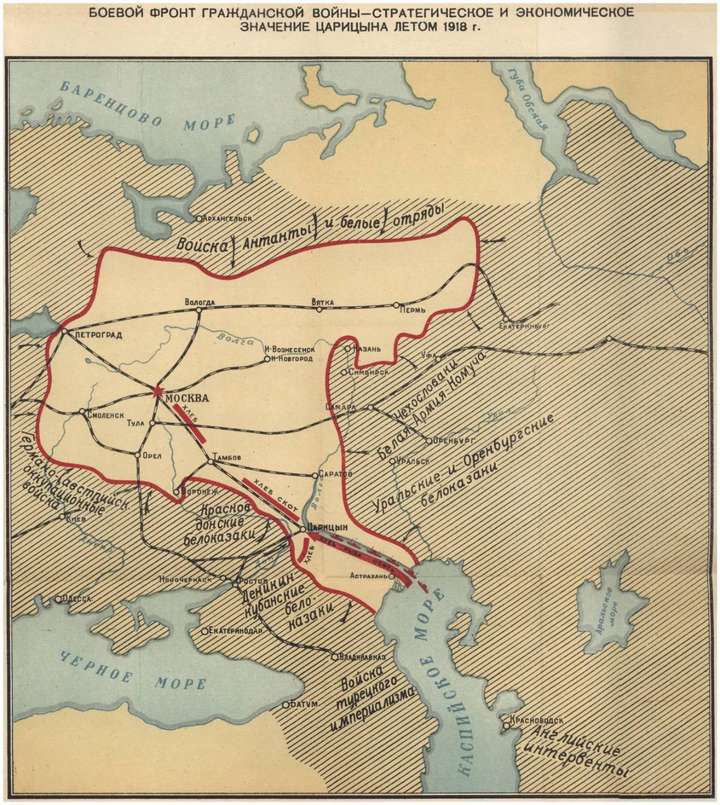 1918年的俄国内战局势,红色箭头所指向的察里津可以说是苏维埃政权的