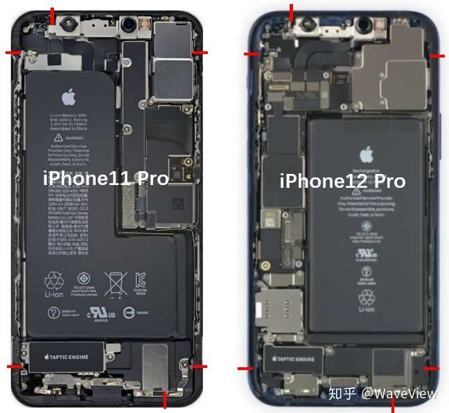 pro和iphone 12的图片,我们看做为天线设计的"开槽"位置和数量,基本一