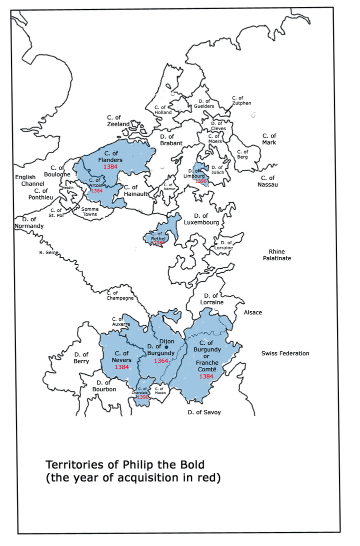 勃艮第公爵的领土,包括以佛兰德斯和勃艮第为中心的南北两部分